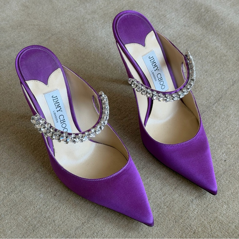 Jimmy Choo Bing 100 Satin Mules With Crystal Strap in pink violet, size 37, NEW - Picture 3 of 9